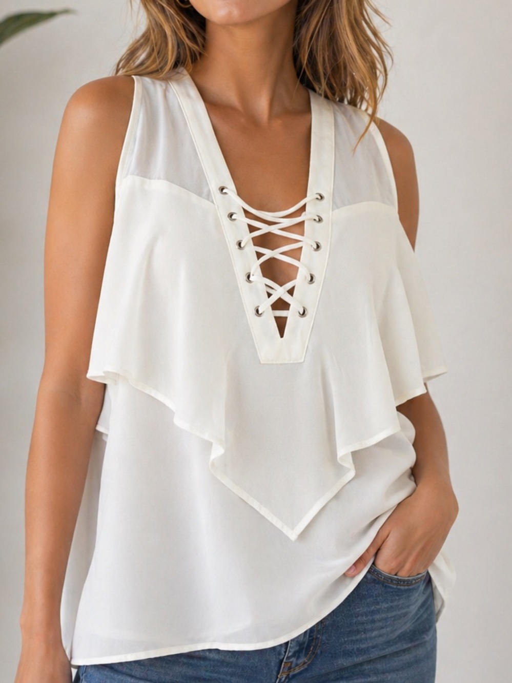 Express Ivory Lace-Up V-Neck Ruffled Sleeveless Camisole